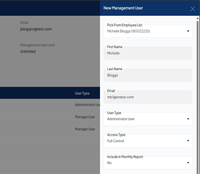 Management user setup menu