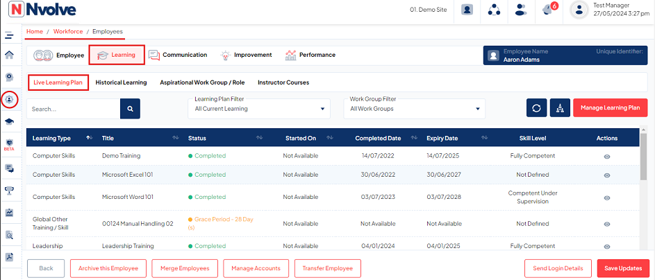 Employee details, learning, live learning plan