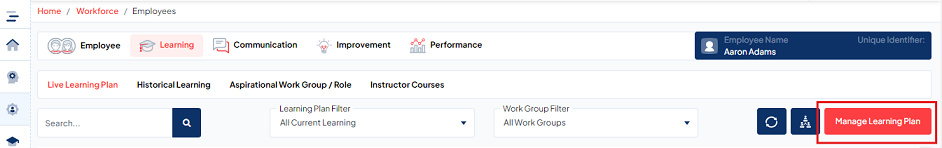 Live learning plan screen, Manage learning plan button highlighted