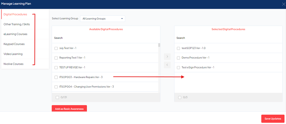 Manage learning plan screen