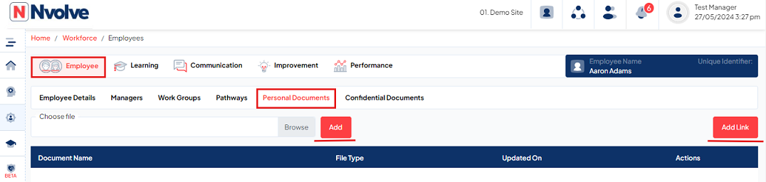 Employee details, Personal Documents screen