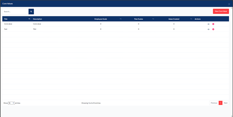 Core Values screen