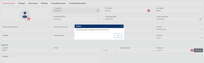 Employee Details Page error, employee's UID, Username, or Login ID already exists