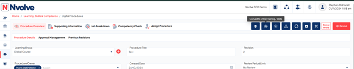 procedure details page, select more button then Convert to other training or skill