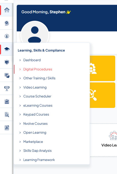 Learning, Skills and Compliance menu, selecting Digital procedures