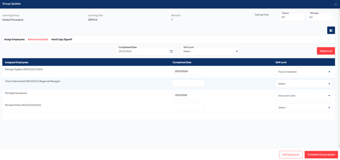Group update page with complete group update button
