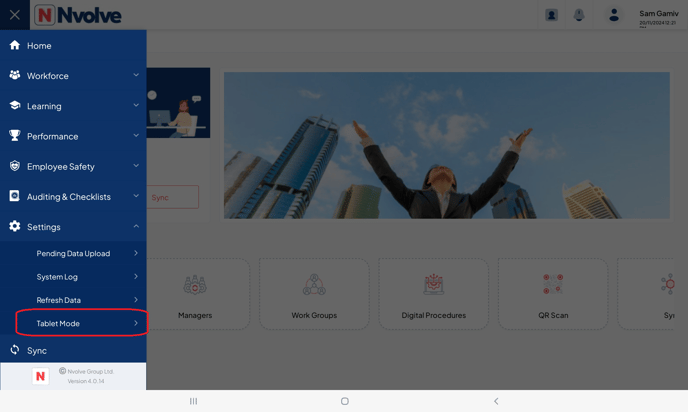 Menu highlighting tablet mode under settings