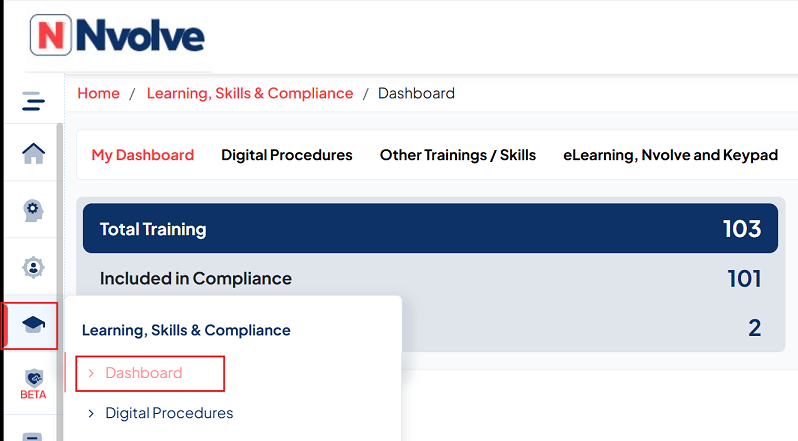 Learning, skills and compliance menu with dashboard highlighted