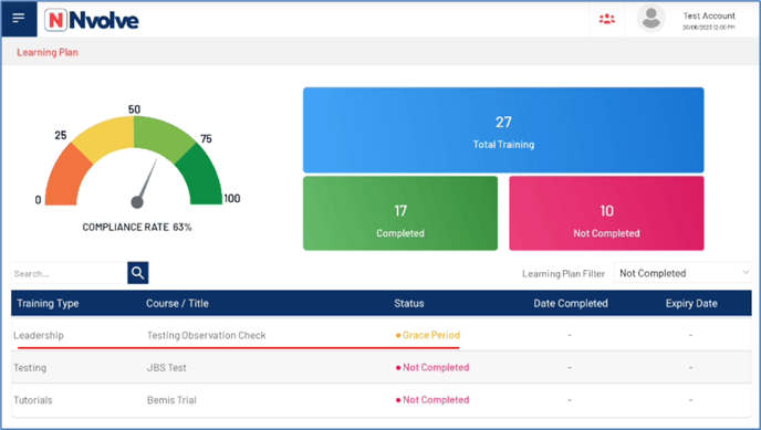 Learning plan screen with a learning plan highlighted