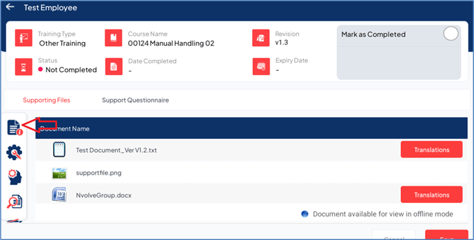Training details screen with Suporting Documents highlighted