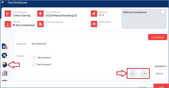 Training details screen with Competency check highlighted