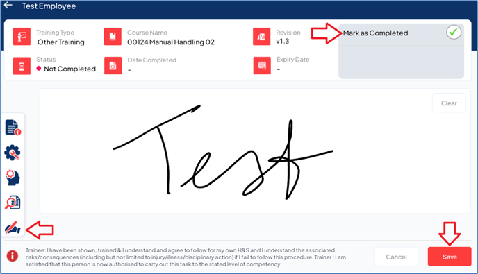 Training details screen with Sign off and mark as completed highlighted