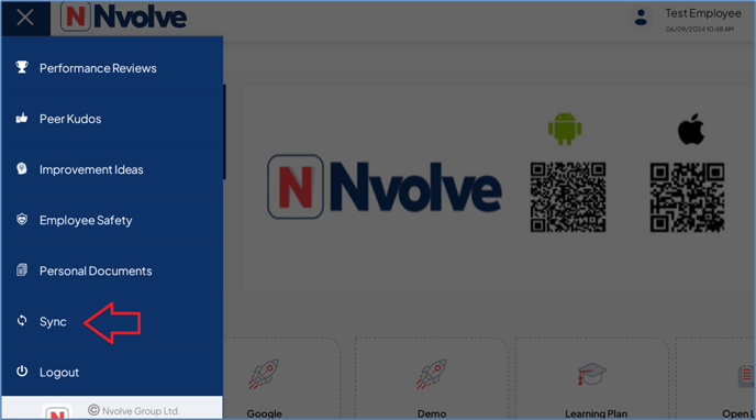 Tablet menu opened with Sync highlighted