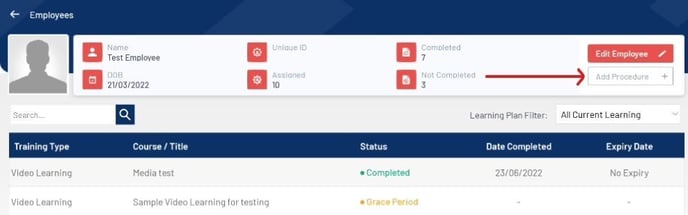Employee detail screen highlighting Add Procedure