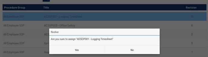 Confirmation message for assigning procedure