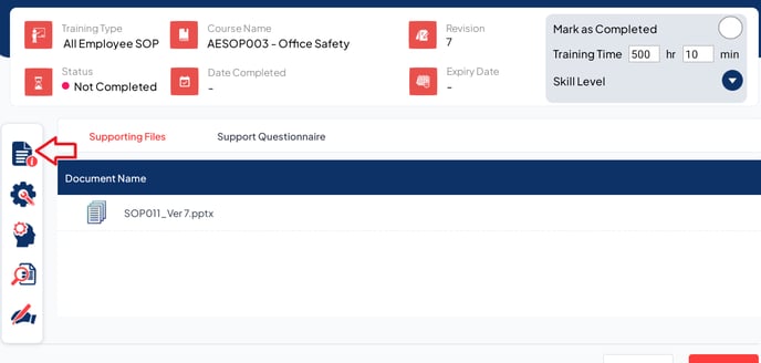 Supporting information screen with supporting files highlighted