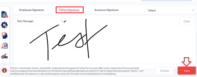 Trainer signature screen with signature