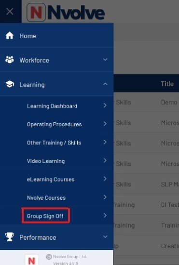 Menu, Learning, group sign off 