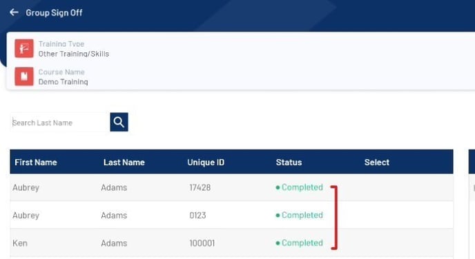 Group sign off, users showing as having the course completed