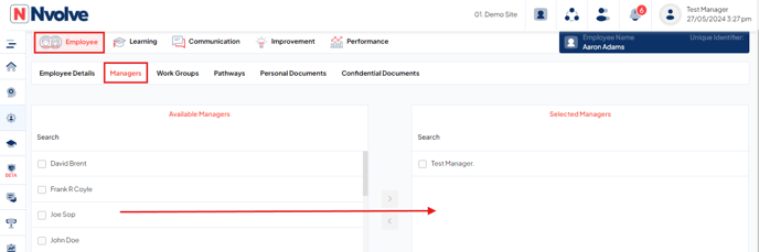 Employee details, manager selection screen