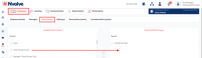 Employee details, Work Groups selection screen