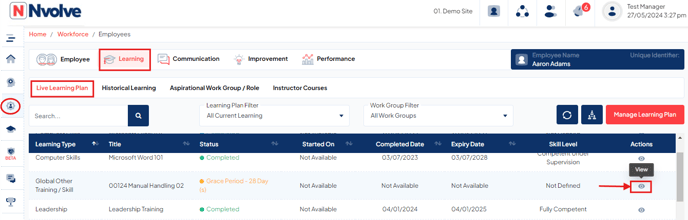 Employee live learning plan screen