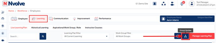 Employee details learning screen with "Group Update" highlighted