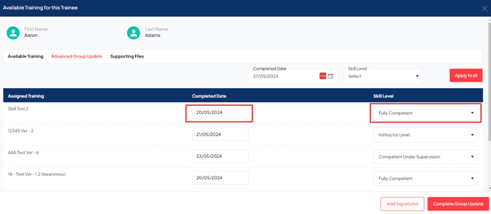 Employee advanced group update screen