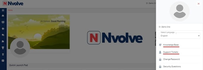 User menu open, "Knowledge base" and "Support Tickets" highlighted