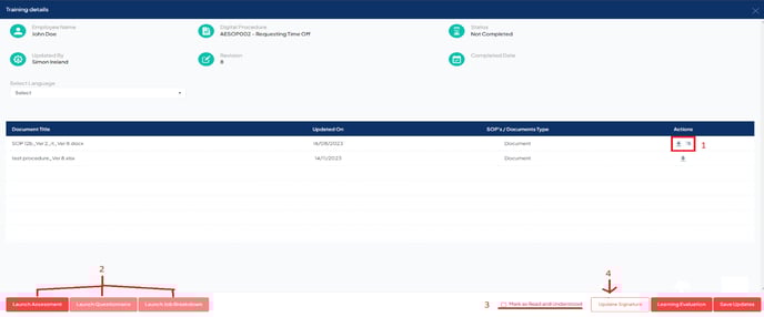 Training details page with buttons highlighted