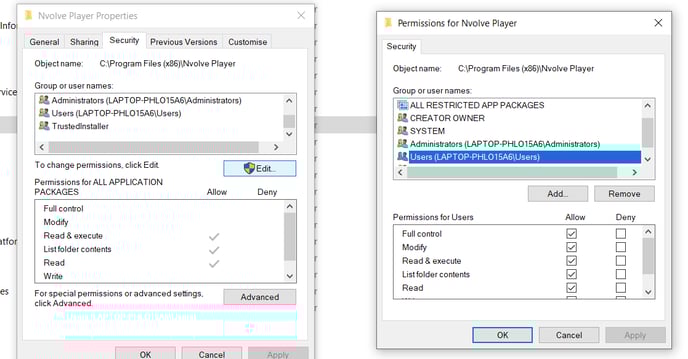 Files and folder permissions for Nvolve player